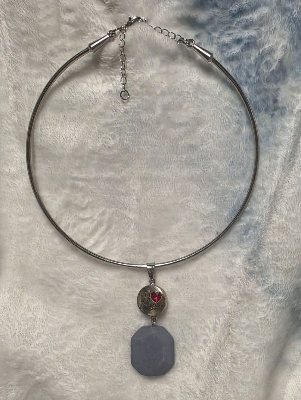 Silver Tone Choker Necklace with Red Accent and Gray Pendant